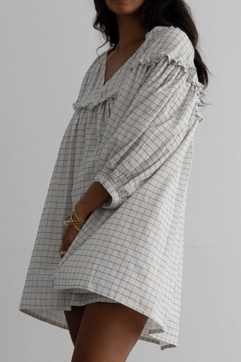 Mini Dress Frill Plaid Oversized Notched Balloon Long Sleeve Cotton Blend 615e79d1-53a3-42c1-9593-b7cdbc7355c7-Max Trendsi