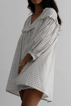 Mini Dress Frill Plaid Oversized Notched Balloon Long Sleeve Cotton Blend 615e79d1-53a3-42c1-9593-b7cdbc7355c7-Max Trendsi