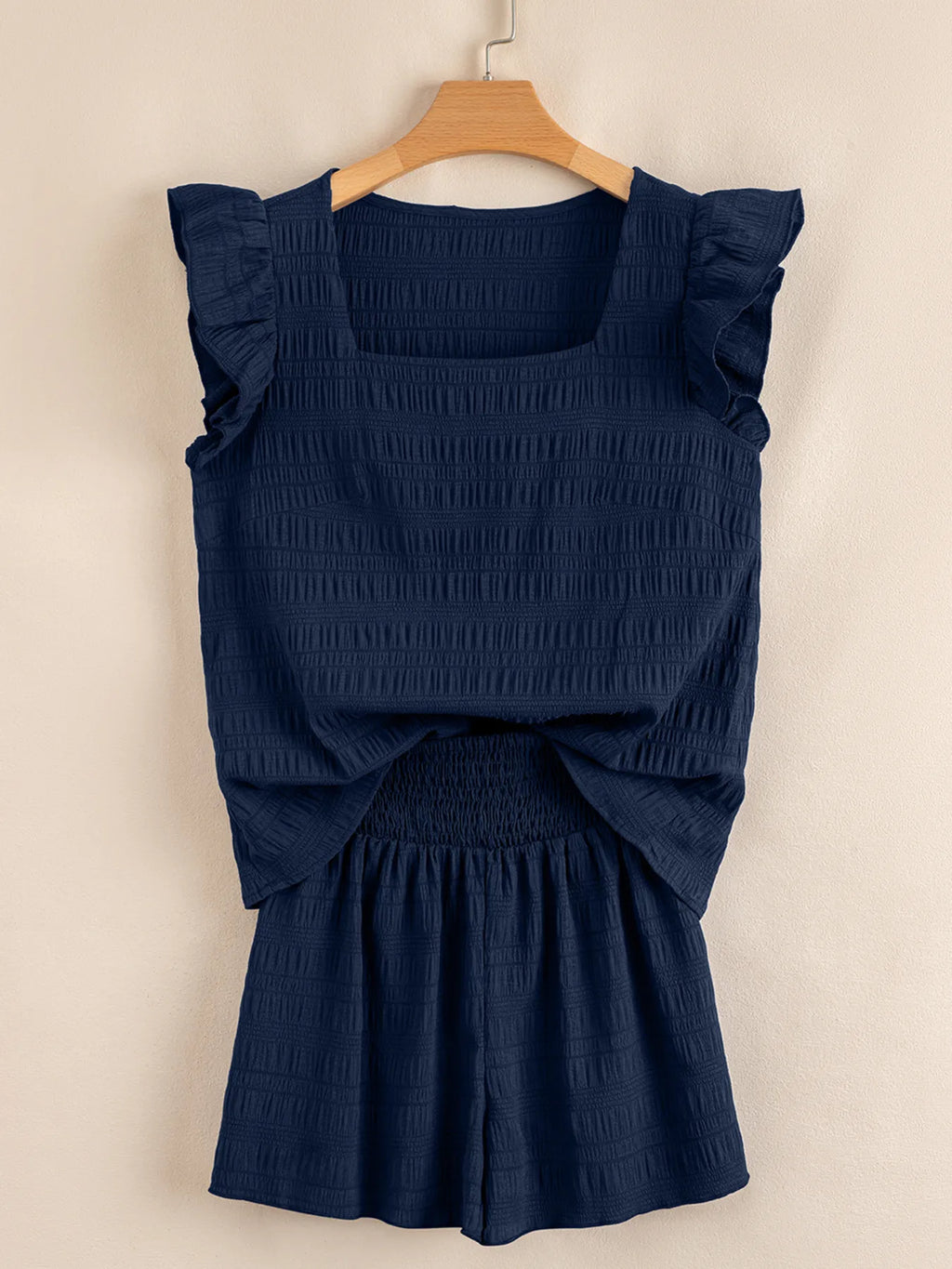 Women's Set Navy Textured Square Neck Top and Shirred High Waist Shorts 2 Pcs 6171c19a9ddd4dea9b939d1093757a82-Max-Origin Trendsi