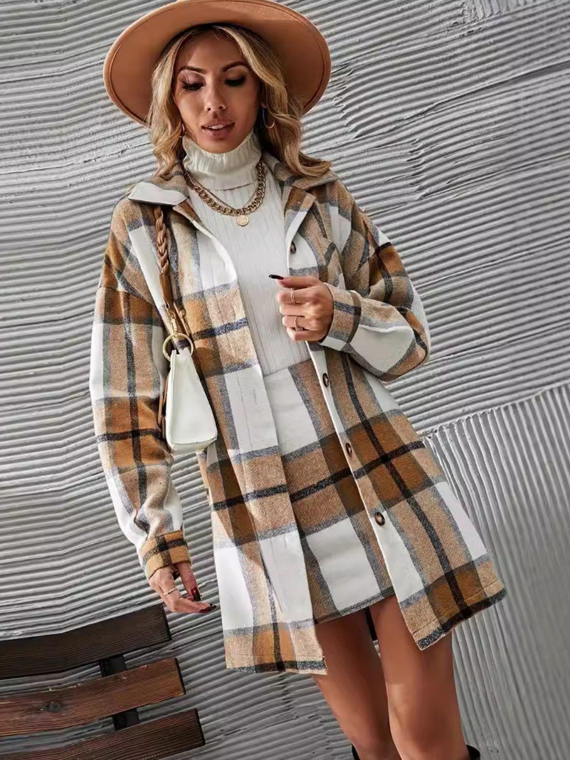 Plaid Outfit Set Button Up Long Sleeve Coat and Skirt Set