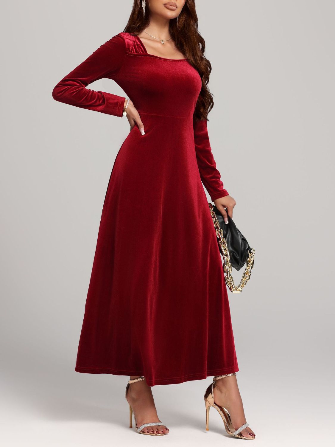 Velvet Midi Dress Square Neck Long Sleeve Women Solid Party Dress 61749e19-aa7f-4ac6-b877-28f8608e2abe-Max Trendsi