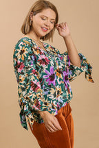 Umgee Blouse Green Floral Mix Print V-Neck Tie Long Sleeve Top Plus Sizes 617670bd-8522-4cb4-8548-64e5530e4578-Min Trendsi