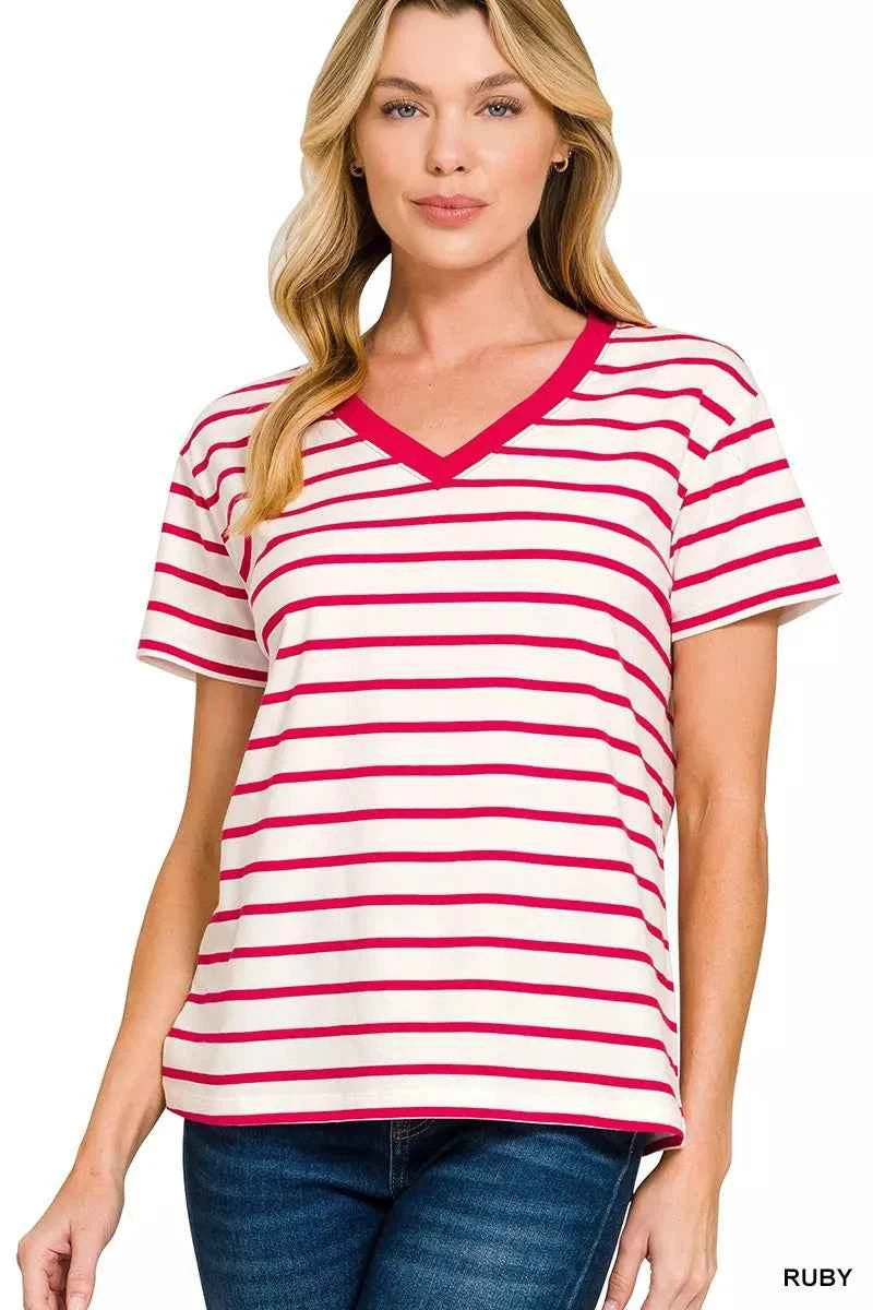 Zenana Striped V-Neck Short Sleeve T-Shirt