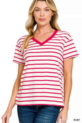 Zenana Striped V-Neck Short Sleeve T-Shirt