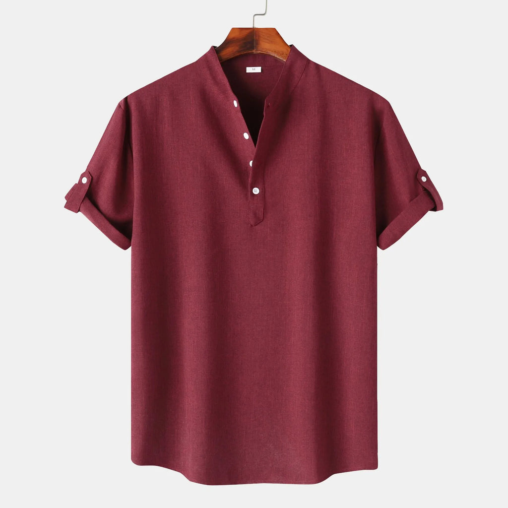 Men's Cotton Shirt Wine Red Button Detail Short Sleeve Blouse Top Wine Red 617d7a3590b340488c640f26d30fd04d-Max-Origin Trendsi