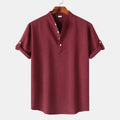 Men's Cotton Shirt Wine Red Button Detail Short Sleeve Blouse Top Wine Red 617d7a3590b340488c640f26d30fd04d-Max-Origin Trendsi
