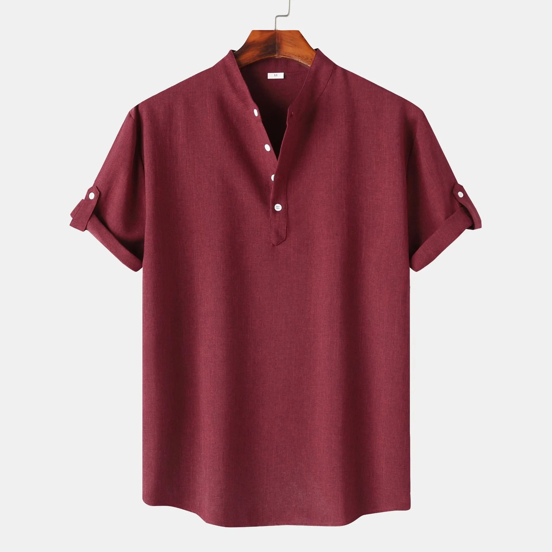 Men's Cotton Shirt Wine Red Button Detail Short Sleeve Blouse Top Wine Red 617d7a3590b340488c640f26d30fd04d-Max-Origin Trendsi