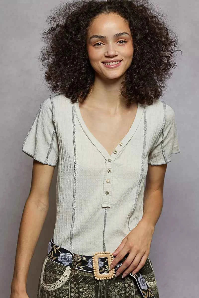 POL Women T-shirt V-Neck Short Sleeve Top with Stitch Seam Detail NATURAL 617f28ee-7710-440b-8880-a772d70565c4-Max-Origin Trendsi