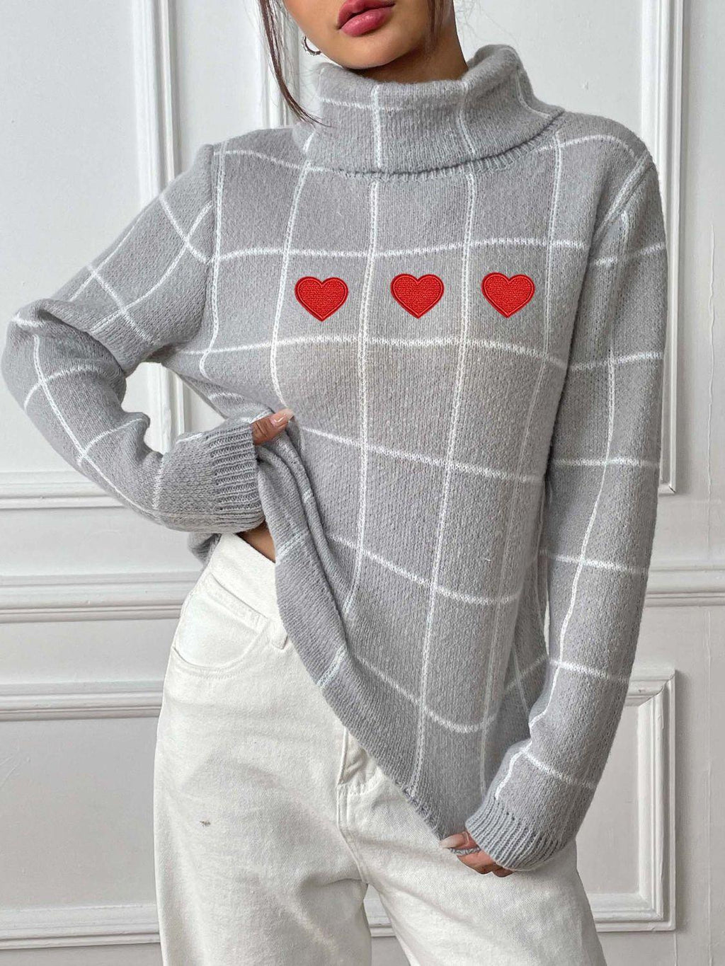 Heart Plaid Sweater Turtleneck Long Sleeve Casual Knitwear 61807919-7620-4ead-937d-51584cce8c63-Max Trendsi