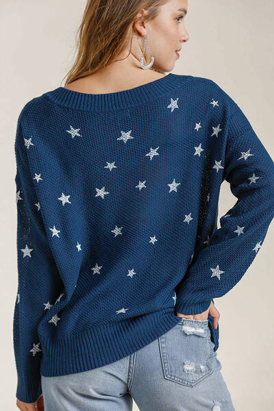 Umgee Knit Top Star Pattern V Neck Long Sleeve Women Navy Pullover 618b9da7-0c16-4c8b-aef9-1d71514fec42-Min Trendsi