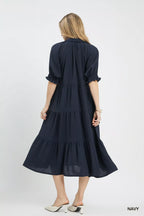 Umgee Midi Dress Ruffled Navy Blue Solid Tiered Short Puff Sleeves 618e5149-a597-4ee2-a1b6-521303c52f19-Max-Origin Trendsi