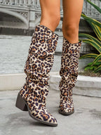 Women's Leopard Boots Knee Length Point Toe Block Mid Heels Shoes 618eef6e-5193-4cf4-ab02-241b7c6e66df-Max-Origin Trendsi