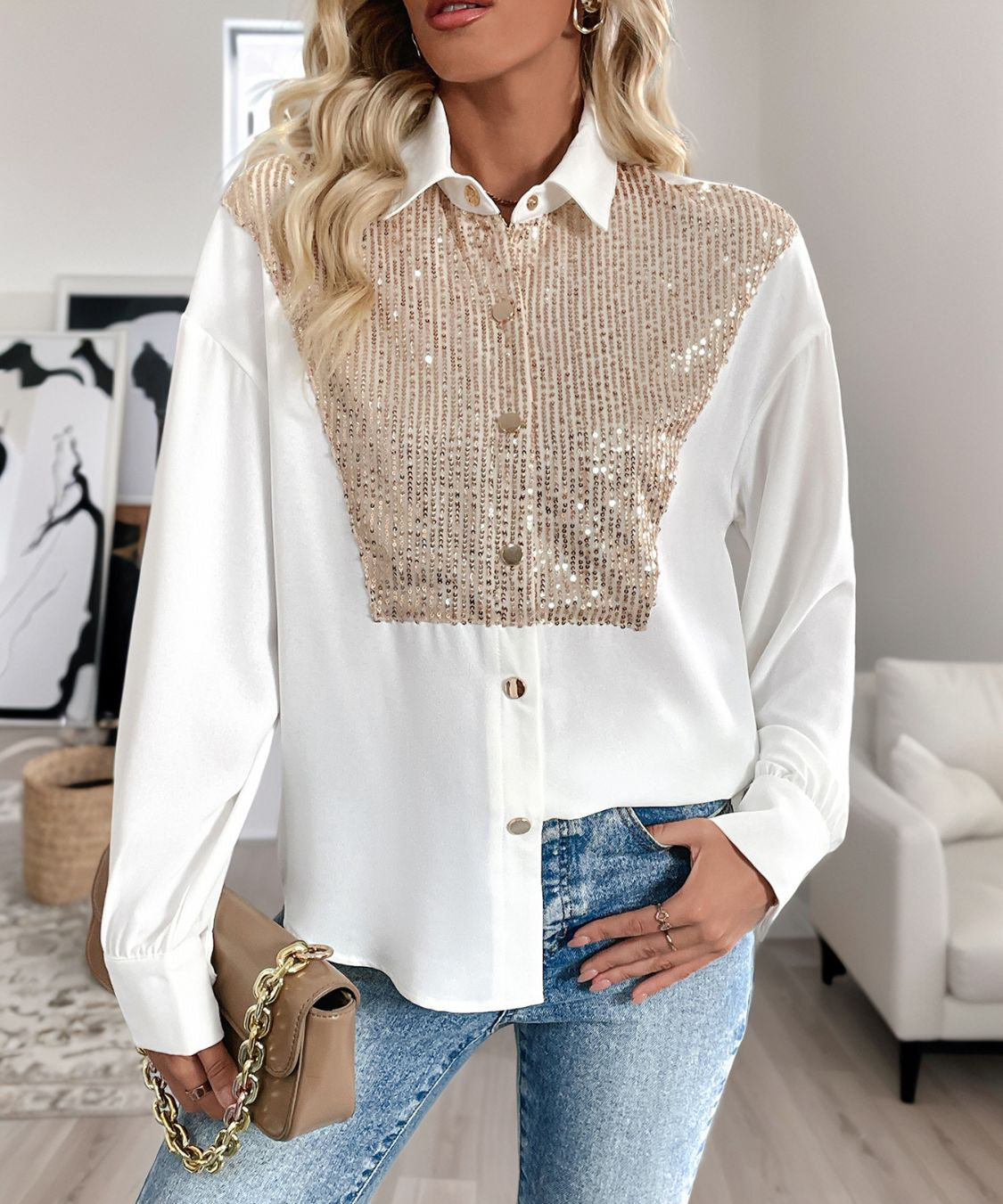 Perfee White Shirt Sequin Contrast Collared Neck Long Sleeve Women Blouse