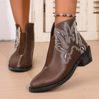 Western Women's Ankle Boots Embroidered Pu Leather Mid Heels Shoes 619a26d2263940fbbffb7ac62513aa89-Max-Origin Trendsi