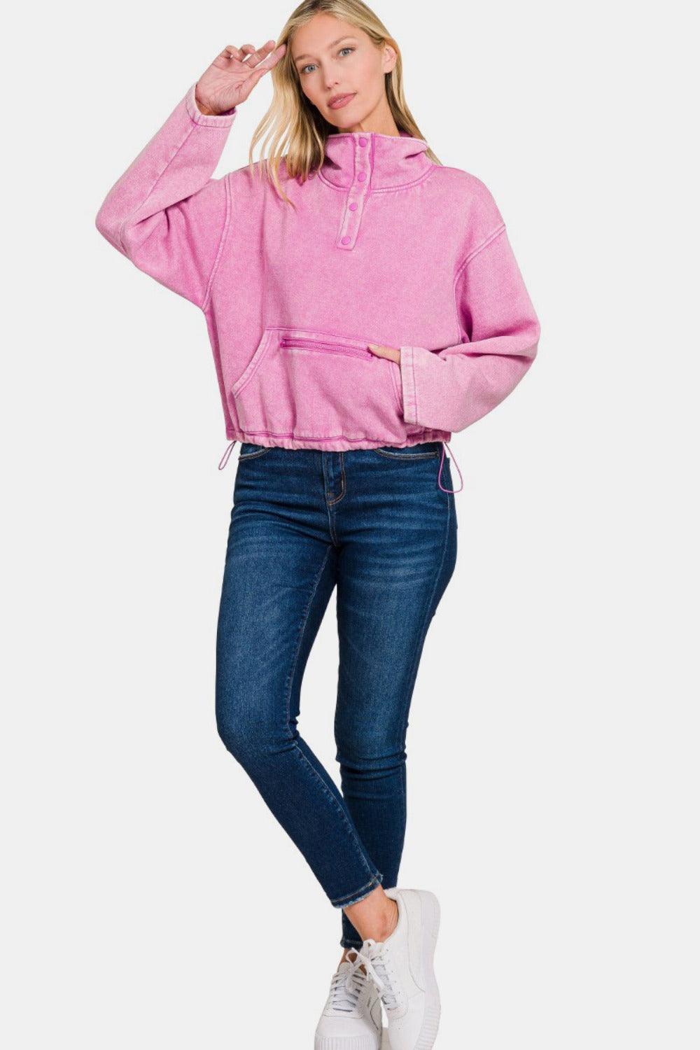 Zenana Sweatshirt Pink Acid Wash Fleece Half Snap with Pocket