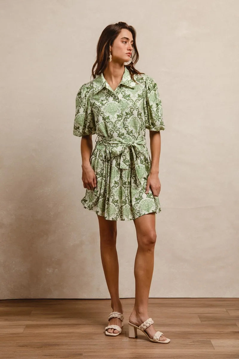 BiBi Mini Shirt Dress Green Cream Floral Bow Tied Belt Short Sleeve 61b5db8fe4cd4b66ac5cd7bcf1fb3057-Max-Origin Trendsi