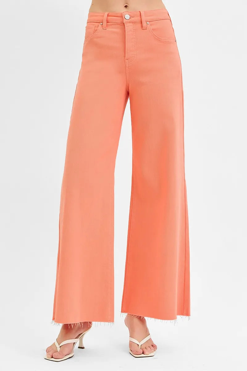 RISEN Wide Leg Jeans Woemn's Coral Tummy Control High Rise Palazzo Denim CORAL PEACH 61ba3538849a42d9b0d0dde7a33804ab-Max-Origin Trendsi