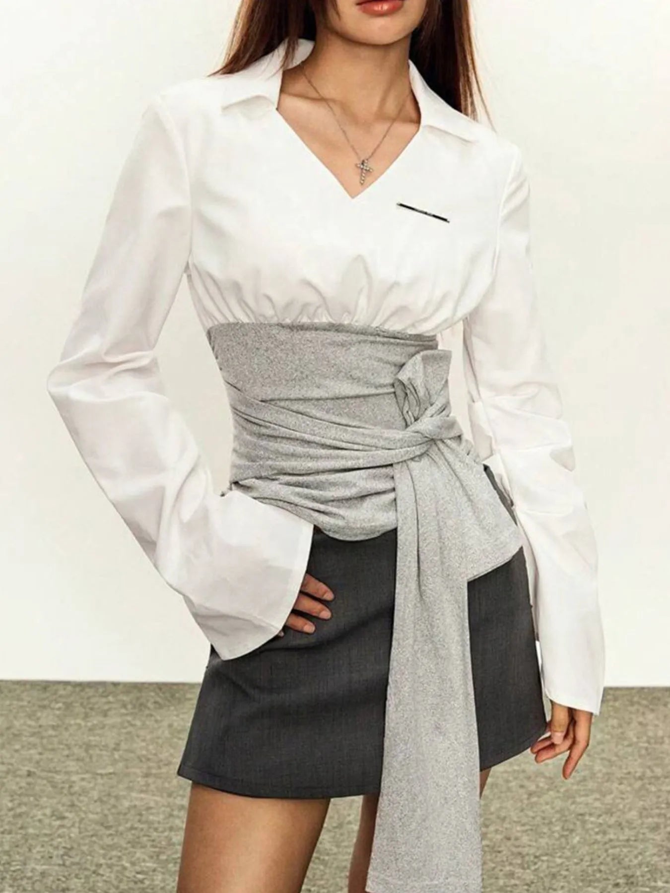 Women's Blouse White Collared Gray Tie Waist Long Sleeve 61bd1b3e-062b-4d85-ad83-14ff9ccaa876-Max-Origin Trendsi