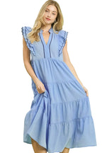 Umgee Seersucker Ruffle Sleeve Tiered Midi Dress
