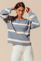 SO ME Womens Sweater Dusty Blue Ribbed Striped Round Neck Pullover DUSTY BLUE IVORY 61c7024beb0a4198afec2eb705b2234b-Max-Origin Trendsi