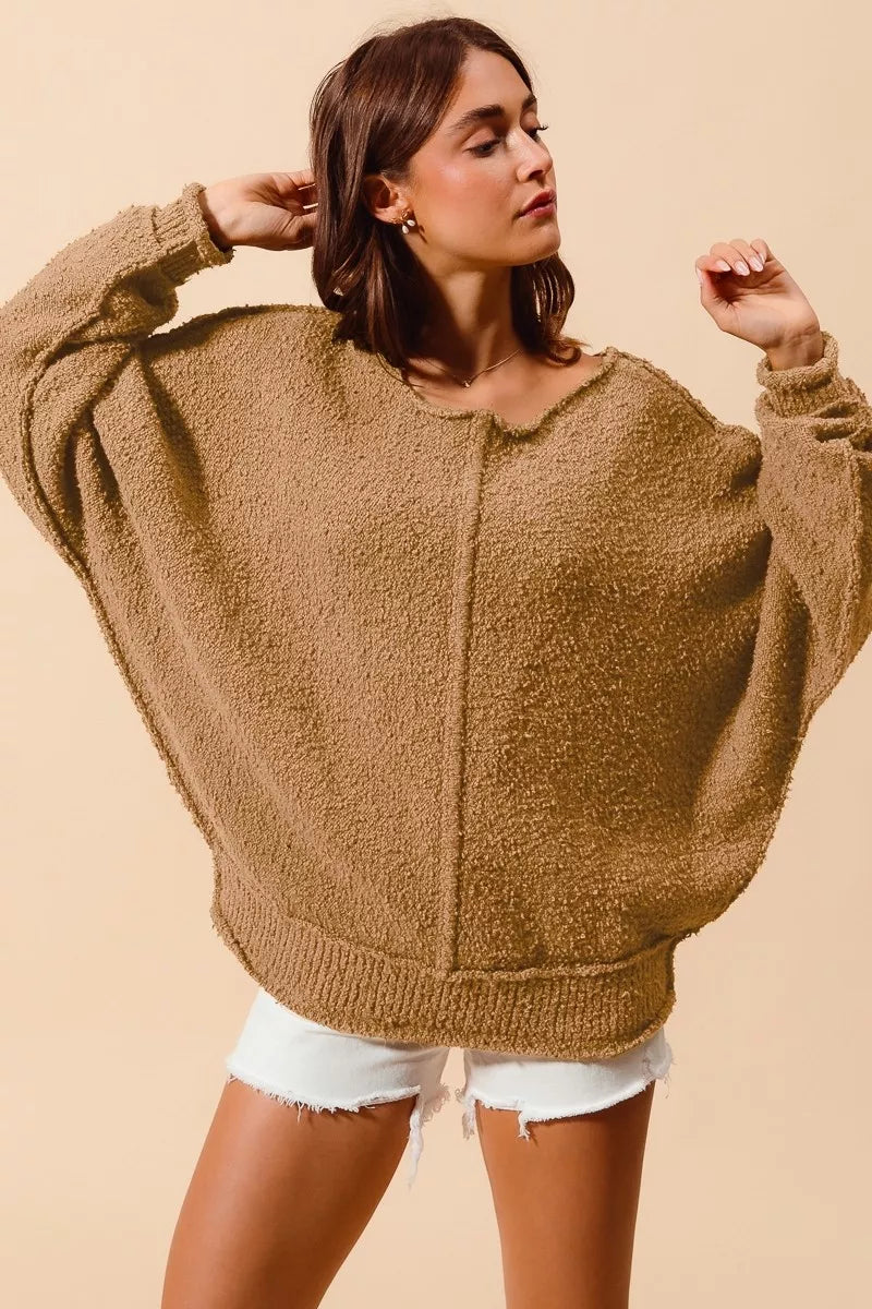 SO ME Womens Sweater Taupe Loose Fit Exposed Seam Slouchy Boucle 61c7d12a51d94180bea278080c5fe615-Max-Origin Trendsi