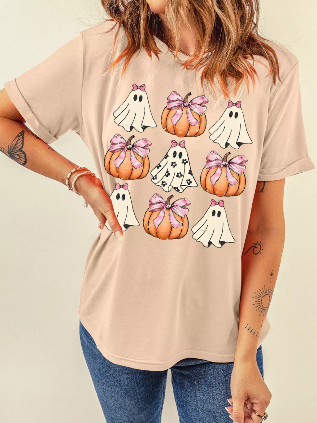 Halloween Women's T Shirt Bowknot Ghost Pumpkin Graphic Top Tee 61cc45aeb47f4efebb27c857b5a65a27-Max-Origin Trendsi