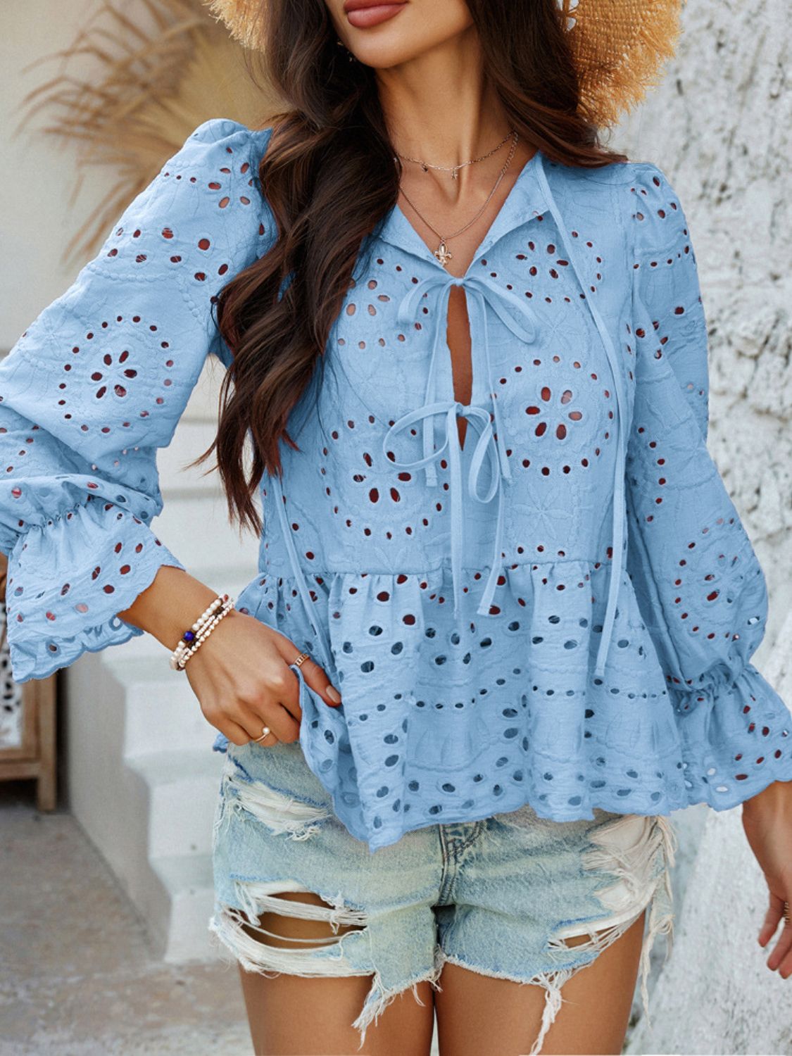 Crochet Blouse Ruffle Tie Front Flounce Long Sleeve Peplum Cut Out Embroidered 61d6fba6-4daf-4e09-bab3-f5ec961a654f-Max Trendsi