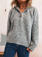 Women's Sweater Quarter Zip Hooded Ribbed Hem Long Sleeve Knitwear 61dc19ba8c8a433e853fd4cb91738a07-Max-Origin Trendsi