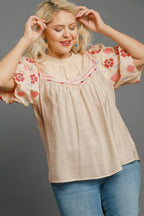 Umgee Blouse Cream Embroidered Puff Sleeve Mock Neck Top 61e88b93-f8c7-44c9-8d94-309ac46db402-Max Trendsi