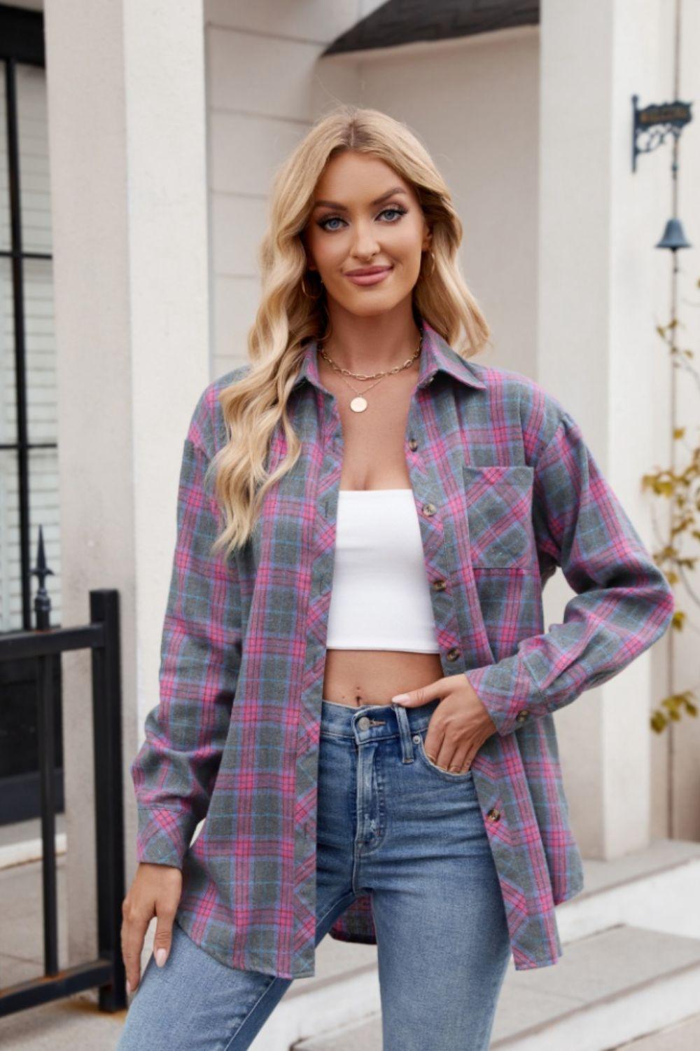 Pocketed Plaid Shirt Collared Neck Long Sleeve Button up 61ea7f1e-8bf2-4db1-9d69-4e1f6f8f940a-Max Trendsi
