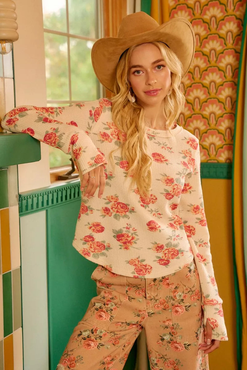 BiBi Womens Knit Top Floral Print Washed Waffle Thermal Blouse 61f3b68aec3e41788f6176d91a362fa6-Max-Origin Trendsi