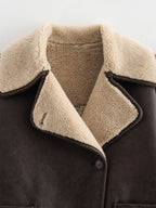 Women Suede Jacket Collared Neck Long Sleeve Plush Lined Chocolate Coat 61f6625b-9f82-4fb4-b62d-4733131c695c-Max Trendsi