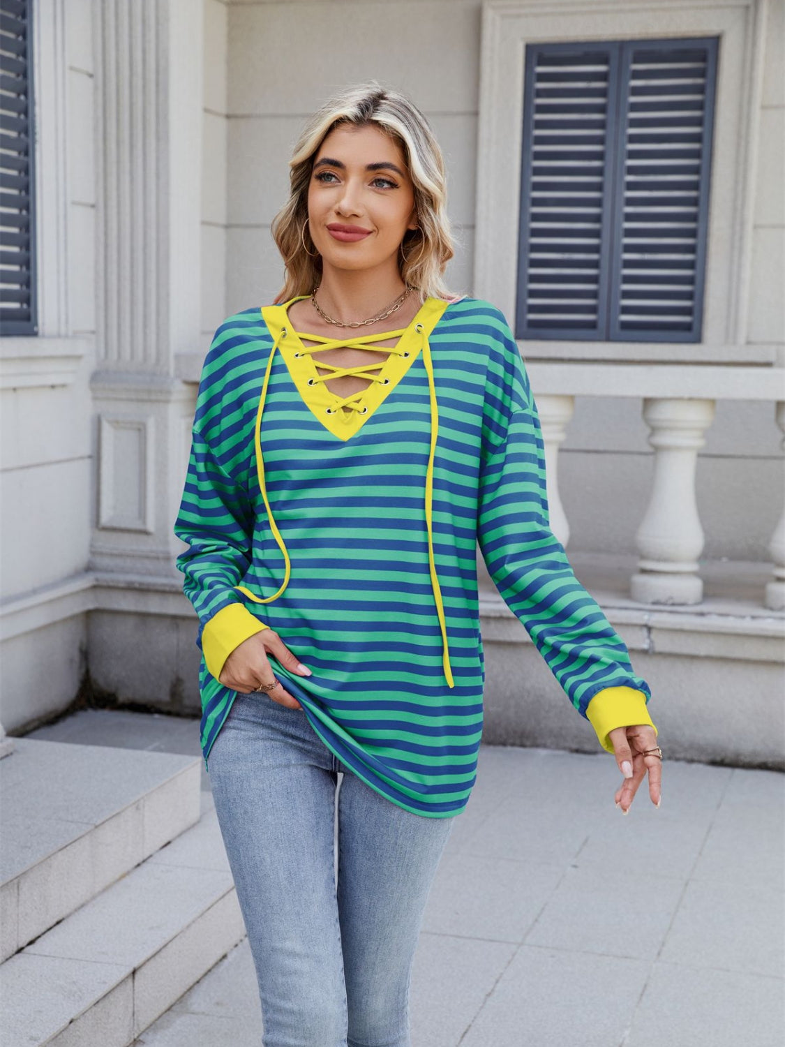 Striped T-Shirt Lace-Up Crisscross V Neck Long Sleeve Blouse Top 61f9cc8b-9533-4a28-9300-3da8671acfdb-Max Trendsi
