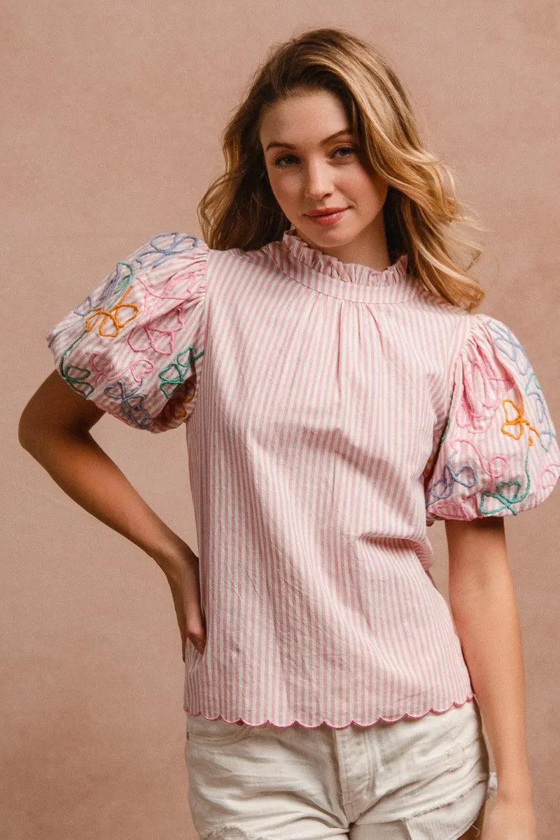 BiBi Blouse Pink Striped Embroidery Bubble Sleeve With Bottom Scallop Detail