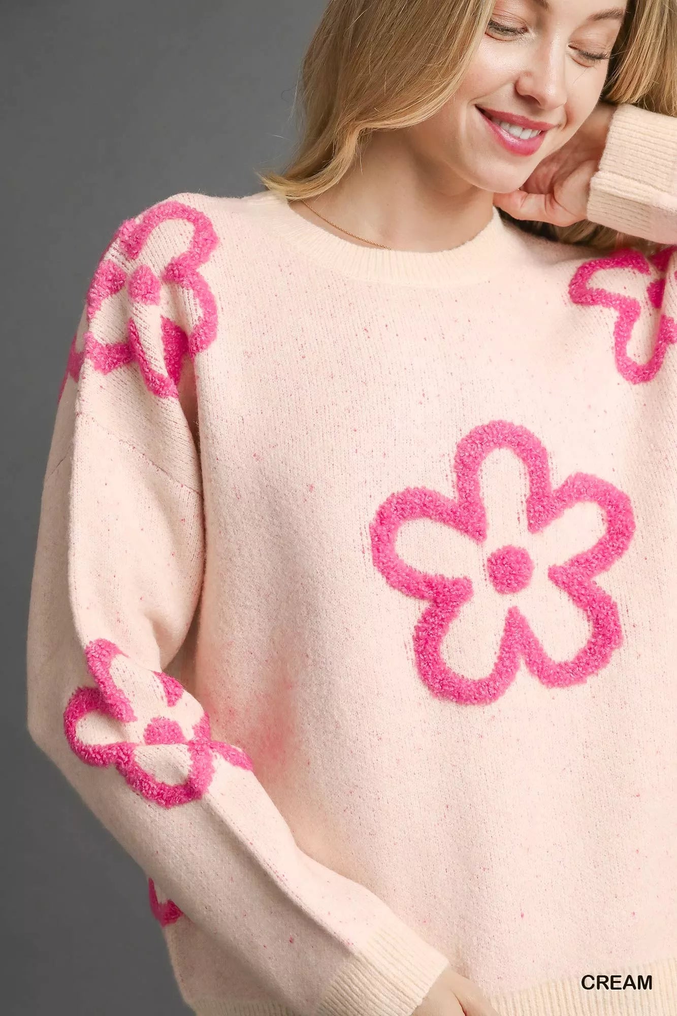 Umgee Women's Sweater Cream with Pink Floral Accents Round Neck Pullover 6204d5bf-28f0-4d2e-bf7f-a23e6ba91bf8-Max-Origin Trendsi