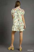 Umgee Short Dress Green Floral Print Ruffled Tie Neck Puff Sleeve Tiered 6205a04b-f0ab-429e-89b2-ba5cc1317b61-Max-Origin Trendsi