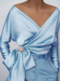 Women's Satin Blouse Surplice Cold Shoulder Long Sleeve Bow Tied Top Light Blue 6211e32c-b219-4280-a98c-4d00d8c4826b-Max Trendsi