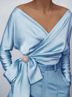Women's Satin Blouse Surplice Cold Shoulder Long Sleeve Bow Tied Top Light Blue 6211e32c-b219-4280-a98c-4d00d8c4826b-Max Trendsi