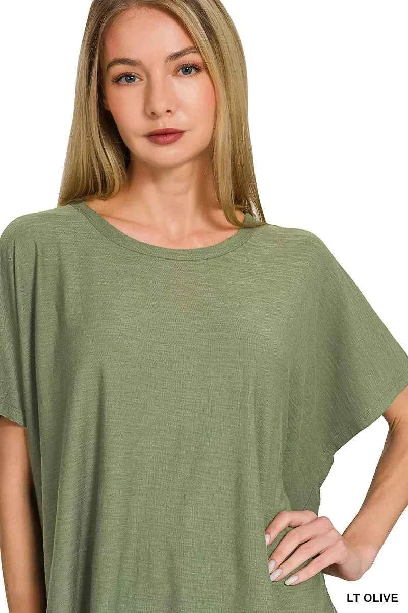 Zenana T-Shirt Light Olive Round Neck Short Sleeve Top 62241a3f24af4acd9bf7e43711997832-Max-Origin Trendsi