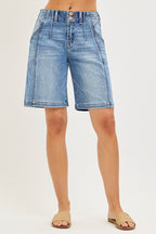 RISEN Two-Button High-Waisted Slouchy Denim Shorts with Pockets