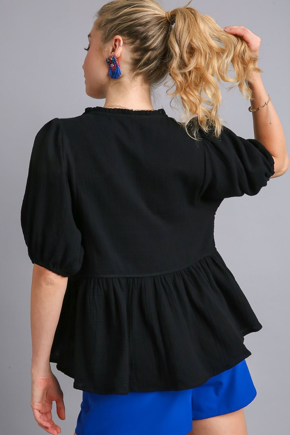 Umgee Babydoll Blouse Black Cotton Gauze Floral Embroidery Short Sleeve 622db69d-ce22-45a2-83ea-dfb73bb324bc-Max Trendsi