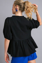 Umgee Babydoll Blouse Black Cotton Gauze Floral Embroidery Short Sleeve 622db69d-ce22-45a2-83ea-dfb73bb324bc-Max Trendsi
