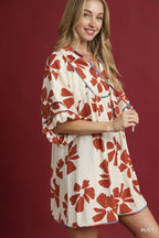 Umgee Babydoll Dress Floral Rust Two Tone Print Tie-Neck Short Sleeve 62326dc3-0801-431a-879d-d4b86a182050-Max-Origin Trendsi