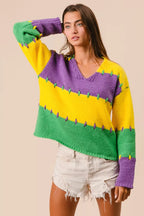 BiBi Womens Sweater Mardi Gras Stripes Stitch Detail Knit Pullover 623498167939408f9f392d2816a001c0-Max-Origin Trendsi