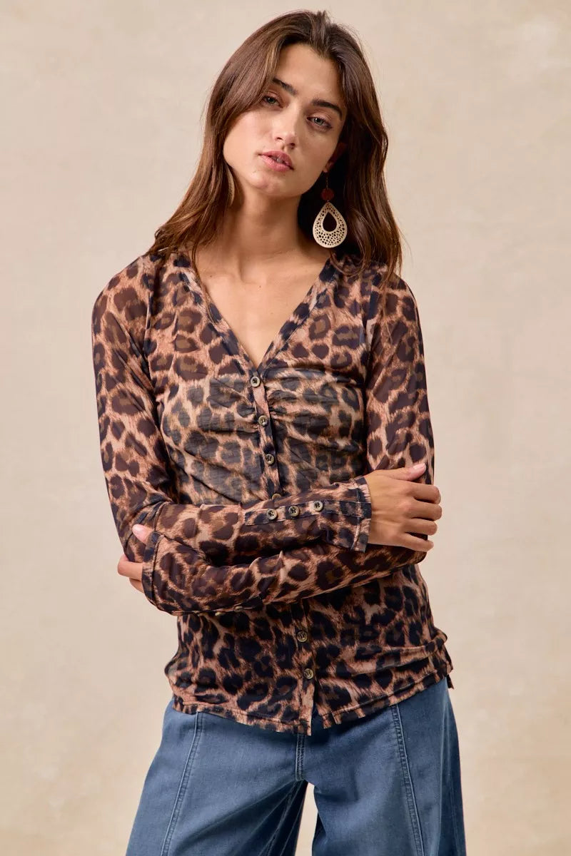 BiBi Women's Shirt Leopard Printed Mesh With Button Up V Neck Long Sleeve 6235da3f769748db8876f36c10333958-Max-Origin Trendsi