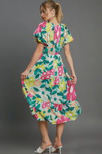Umgee Midi Dress Plus Size Tiered Floral Print with Puff Short Sleeves Mint Mix 623a0833-c180-448f-a274-af5528194198-Min Trendsi