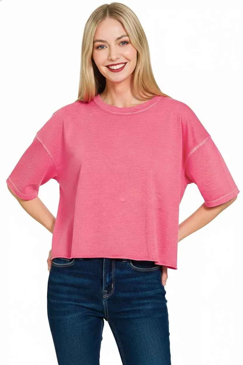 Zenana Pigment Dye & Enzyme Washed Oversized Crop Box Tee
