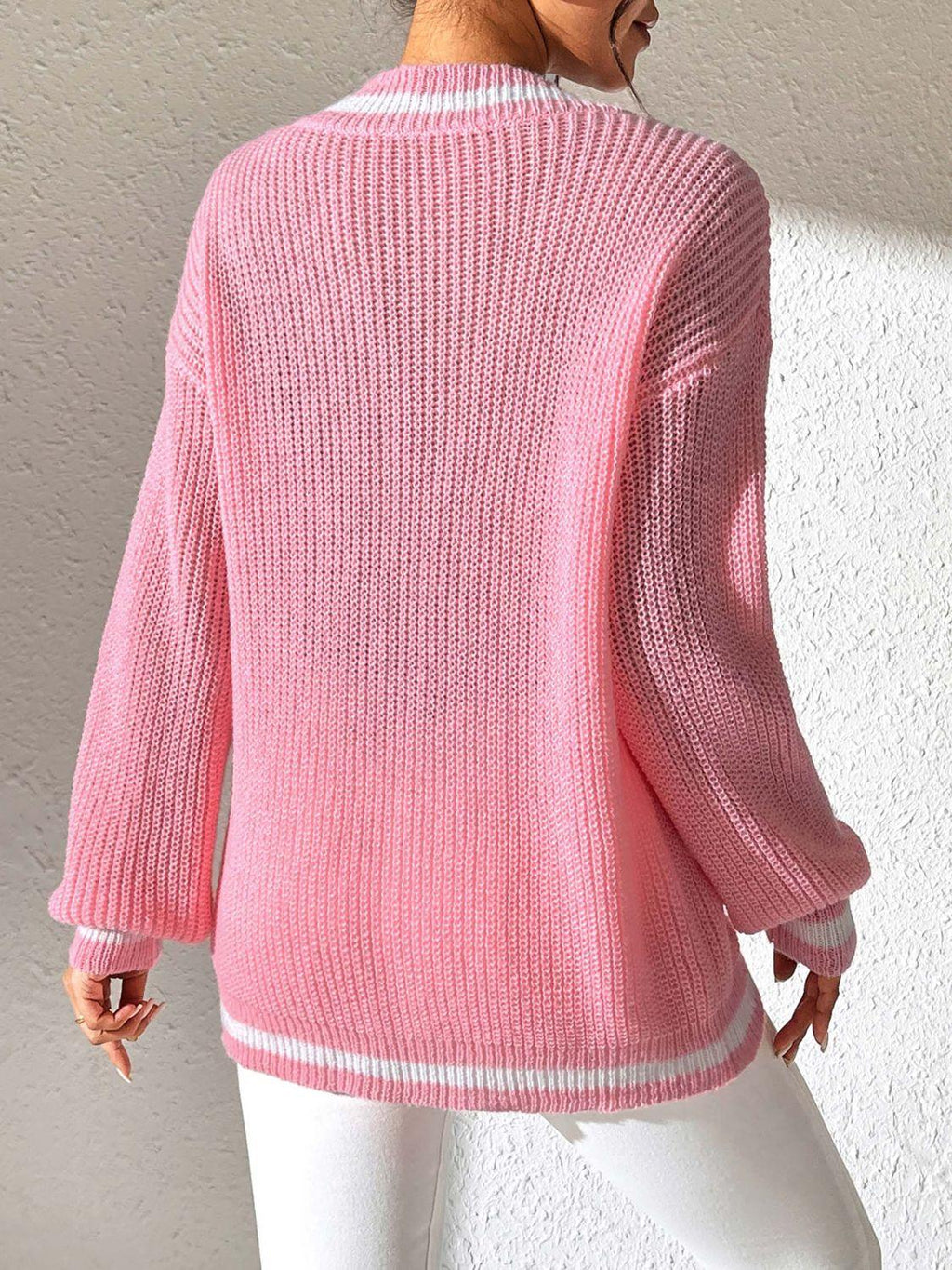 Sweater Knit V-Neck Contrast Stripe Trim Long Sleeve Knitwear 624fa3ac-5deb-4a05-bbce-8bdc71d8d049-Max Trendsi