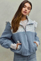 SO ME Women Jacket Faux Fur Sherpa Blue Pull with Floral Ruffle Contrast Zipper 6257203e76564103827de8287873f1e8-Max-Origin Trendsi