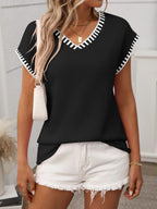 Women's Pullover Short Cap Sleeve Knit Top Contrast Stitch Trim V-Neck 625902de-92b6-48f1-a9c4-ed5fcd7adee1-Max Trendsi